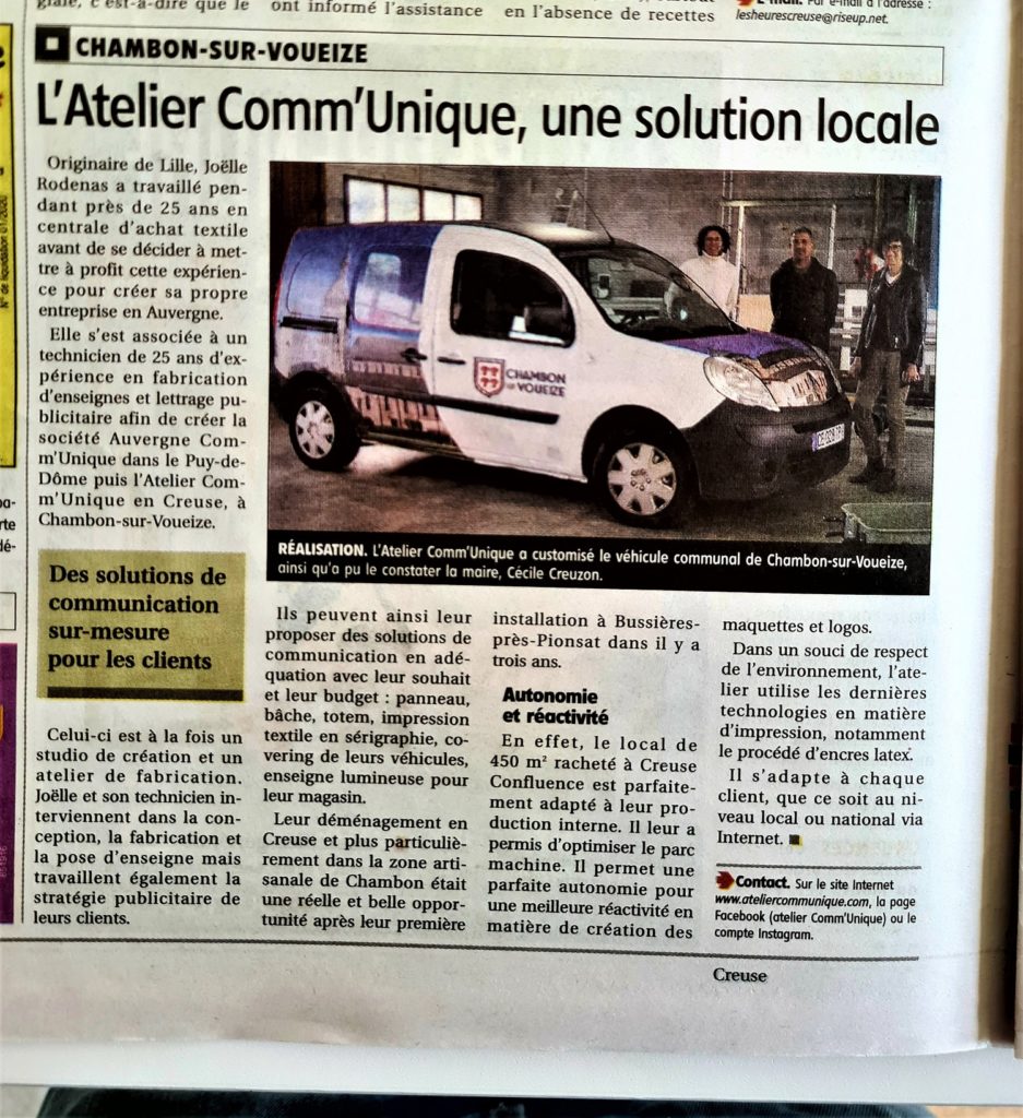 article presse La Montagne l'Atelier Comm'Unique une solution locale installation Chambon sur Voueize Atelier Comm'unique 23 histoire Auvergne Rodenas Joëlle